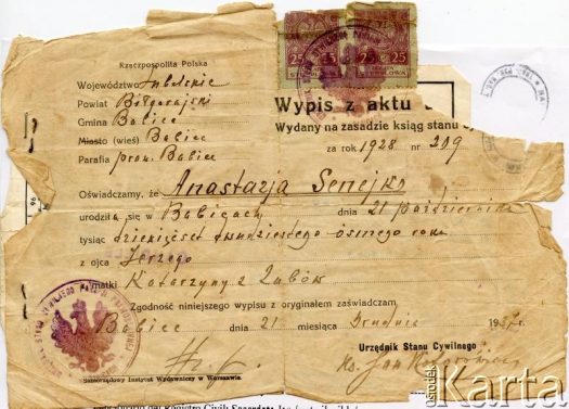 Dokument z kolekcji Anastazji Senejko / Documento de la colección de Anastazja Senejko