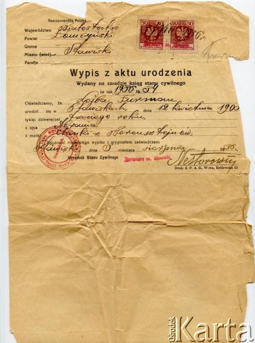 Dokument z kolekcji Reginy Gąski / Documento de la colección de Regina Gąska