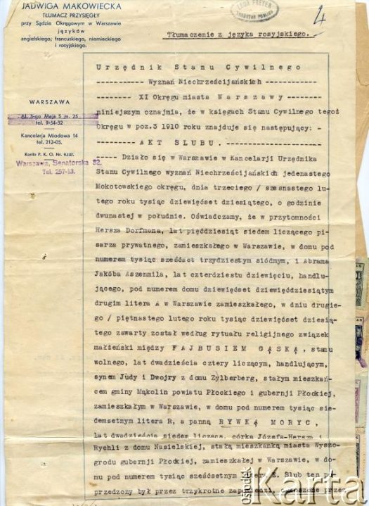 Dokument z kolekcji Reginy Gąski / Documento de la colección de Regina Gąska