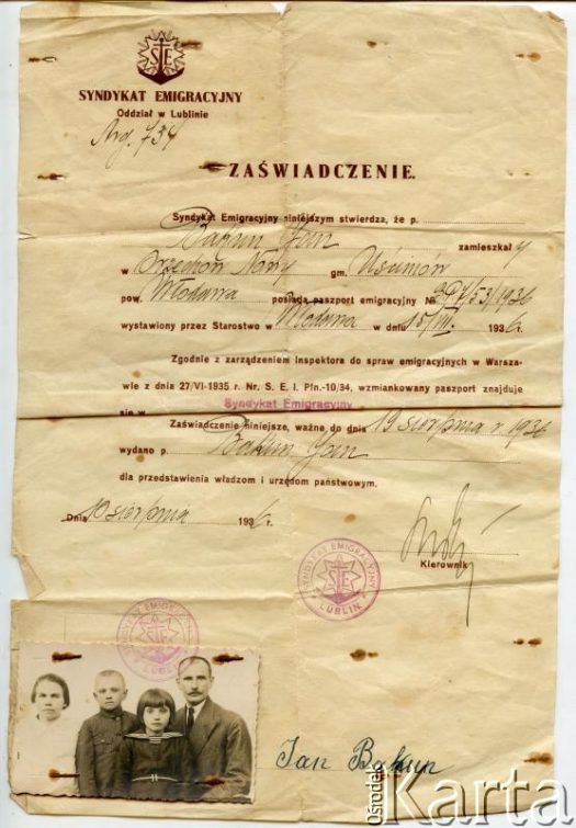 Dokument z kolekcji Janiny Bakun / Documento de la colección de Janina Bakun