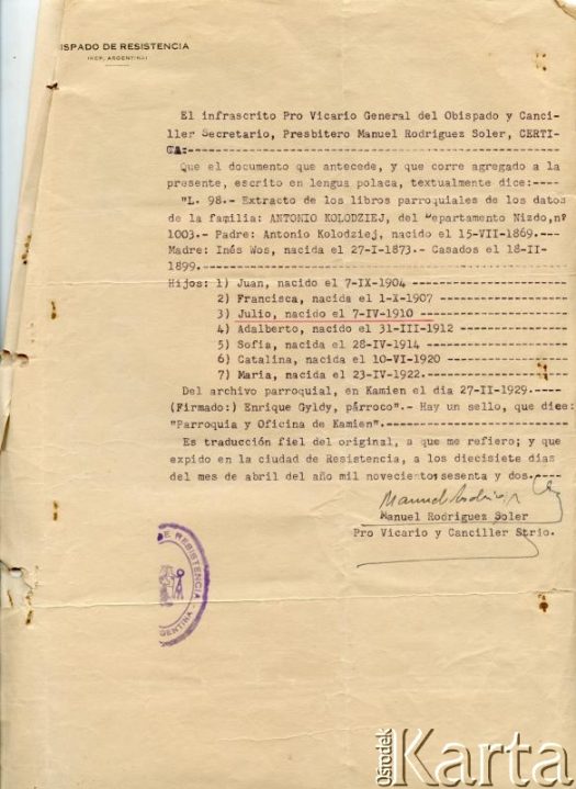 Dokument z kolekcji Alfredo Kołodzieja / Documento de la colección de Alfredo Kołodziej