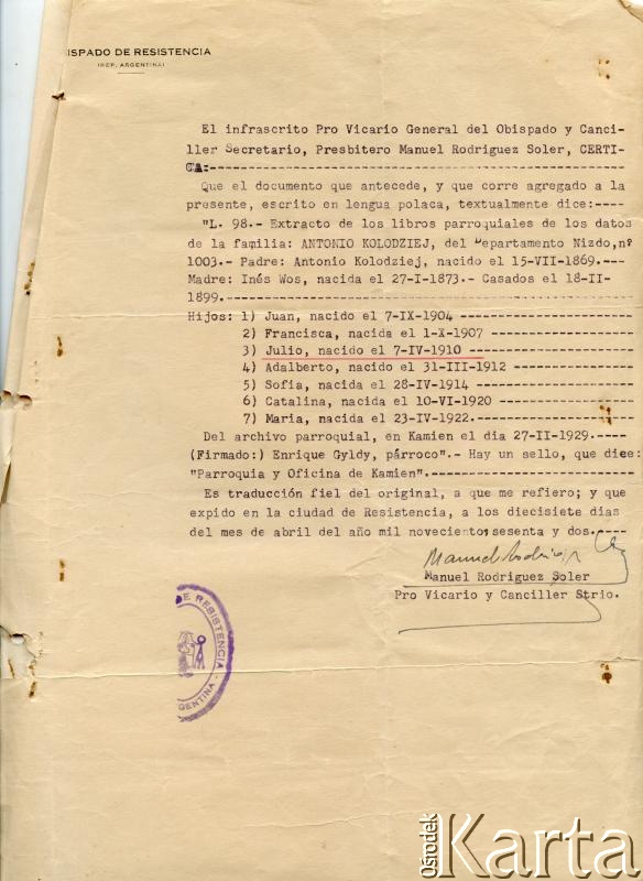 Dokument z kolekcji Alfredo Kołodzieja / Documento de la colección de Alfredo Kołodziej