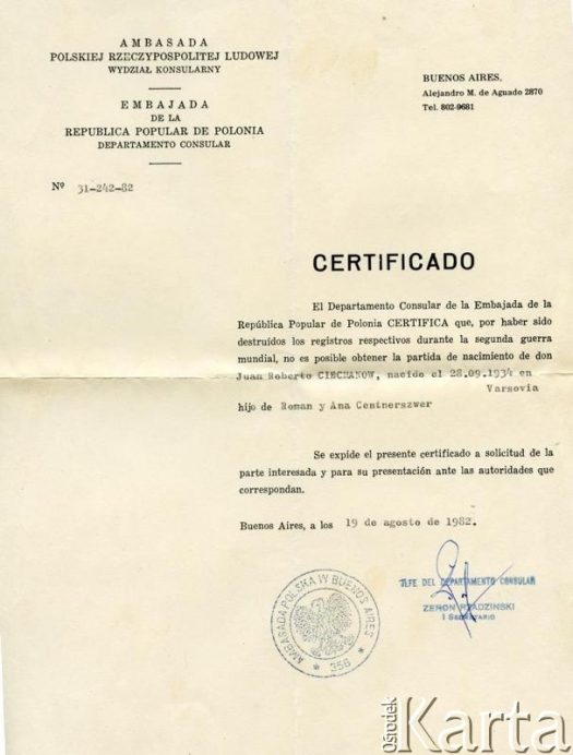 Dokument z kolekcji Juana Roberto Ciechanowa / Documento de la colección de Juan Roberto Ciechanow