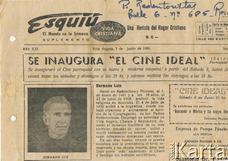 Dokument ze zbiorów Centralnego Archiwum Historycznego Redemptorystów w Wiceprowincji Resistencia / Documento de la colección del Archivo Central Histórico de Redentoristas en la Viceprovincia de Resistencia.